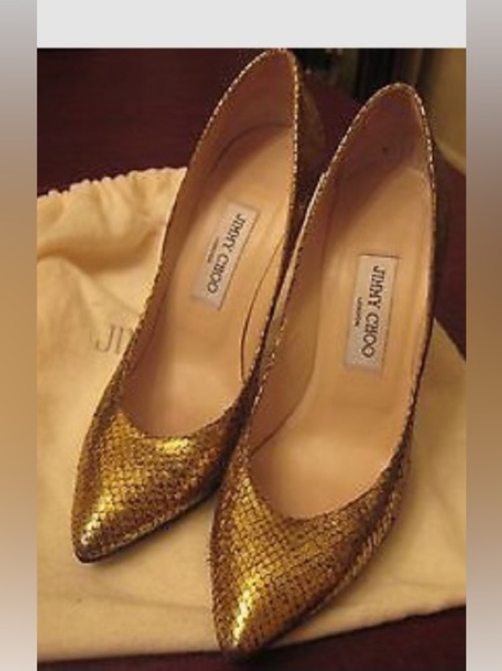 Jimmy Choo Metallic Gold Pointed-Toe Pumps with Scaled Texture